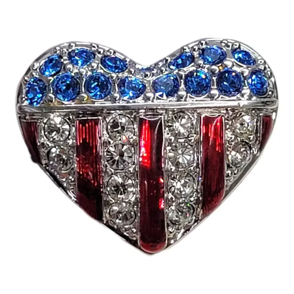 Swarovski Crystal Patriotic USA Flag Heart Lapel Pin Brooch Red White Blue Swan